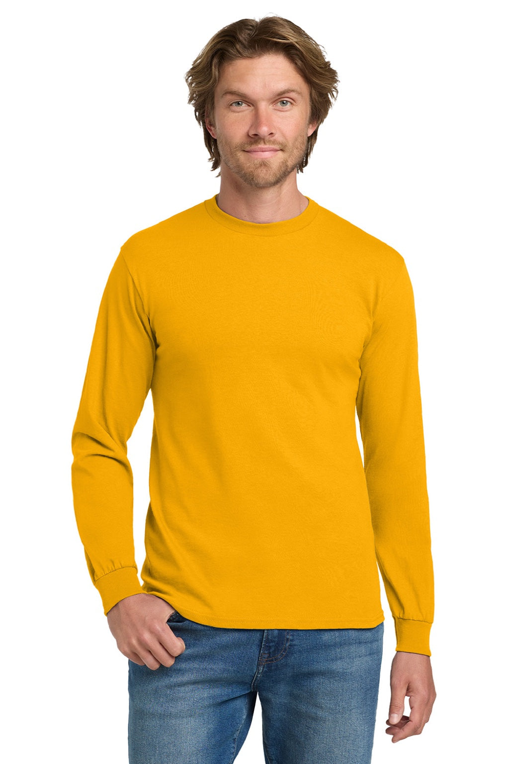Gildan 5400 Mens Long Sleeve Crewneck T-Shirt Gold Model Front