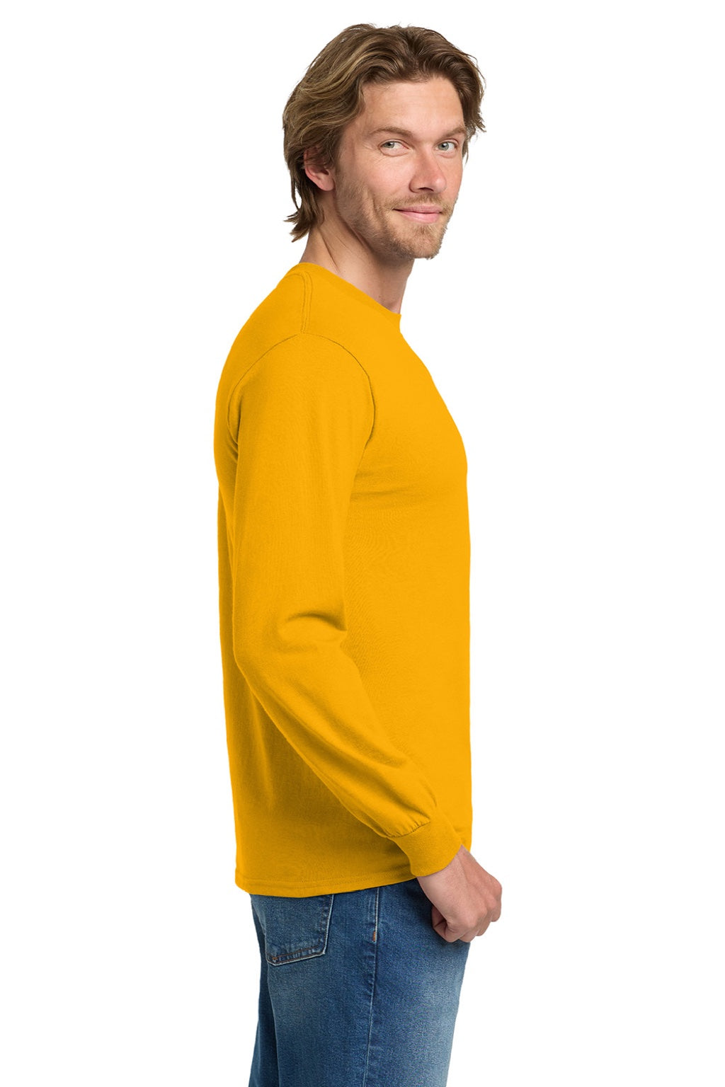 Gildan 5400 Mens Long Sleeve Crewneck T-Shirt Gold Model Side