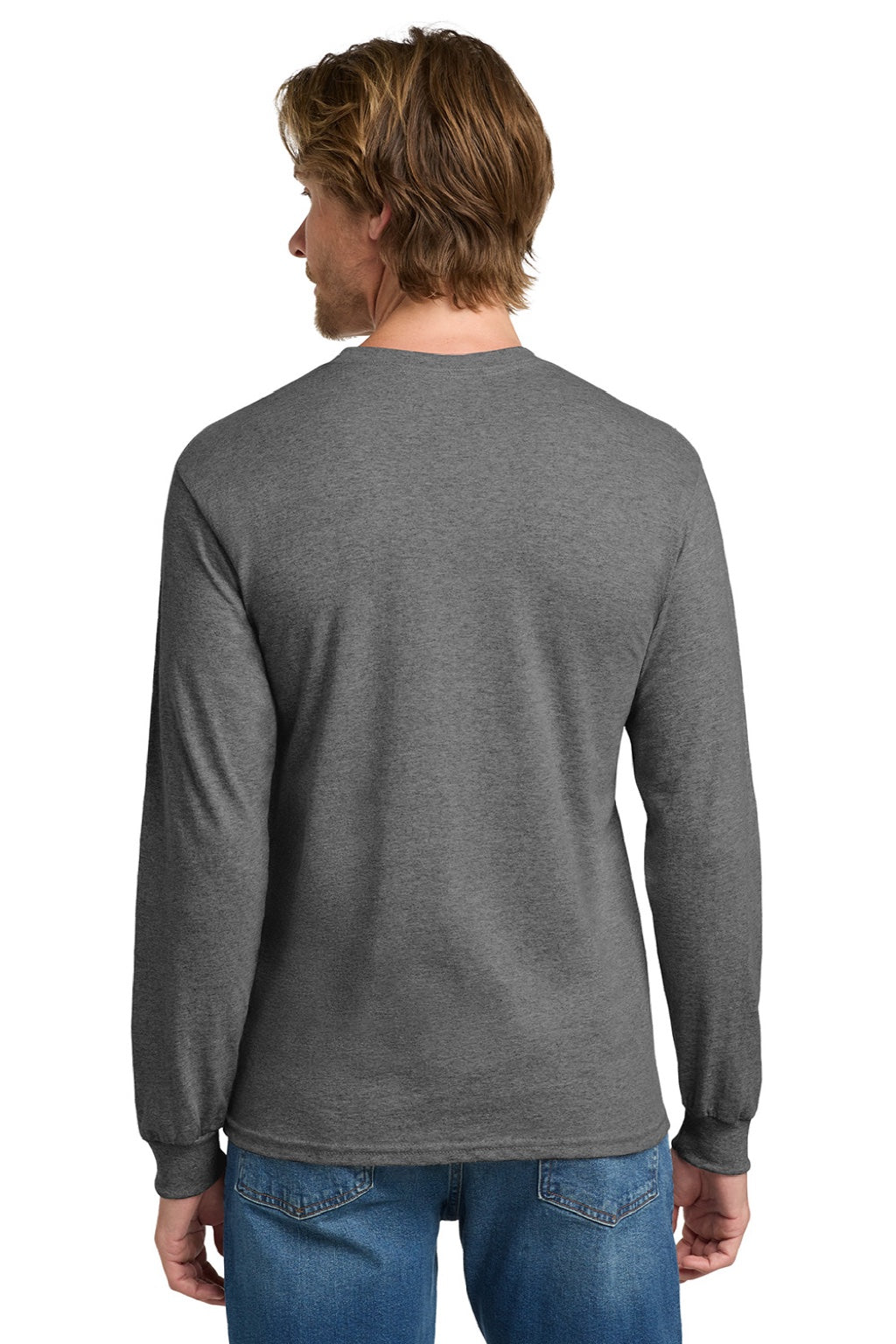 Gildan 5400 Mens Long Sleeve Crewneck T-Shirt Heather Graphite Grey Model Back