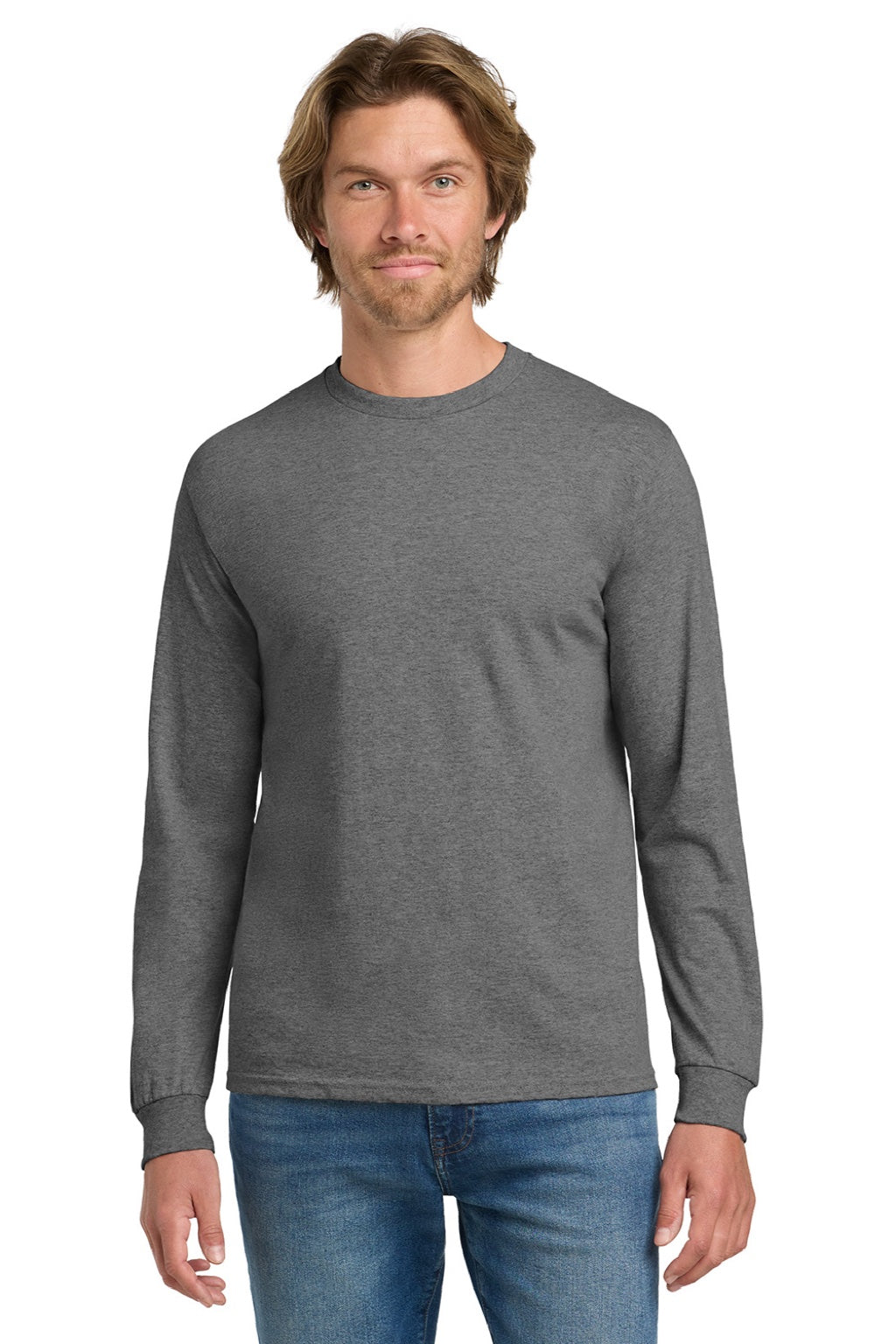 Gildan 5400 Mens Long Sleeve Crewneck T-Shirt Heather Graphite Grey Model Front