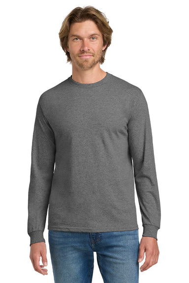 Gildan 5400 Mens Long Sleeve Crewneck T-Shirt Heather Graphite Grey Model Front