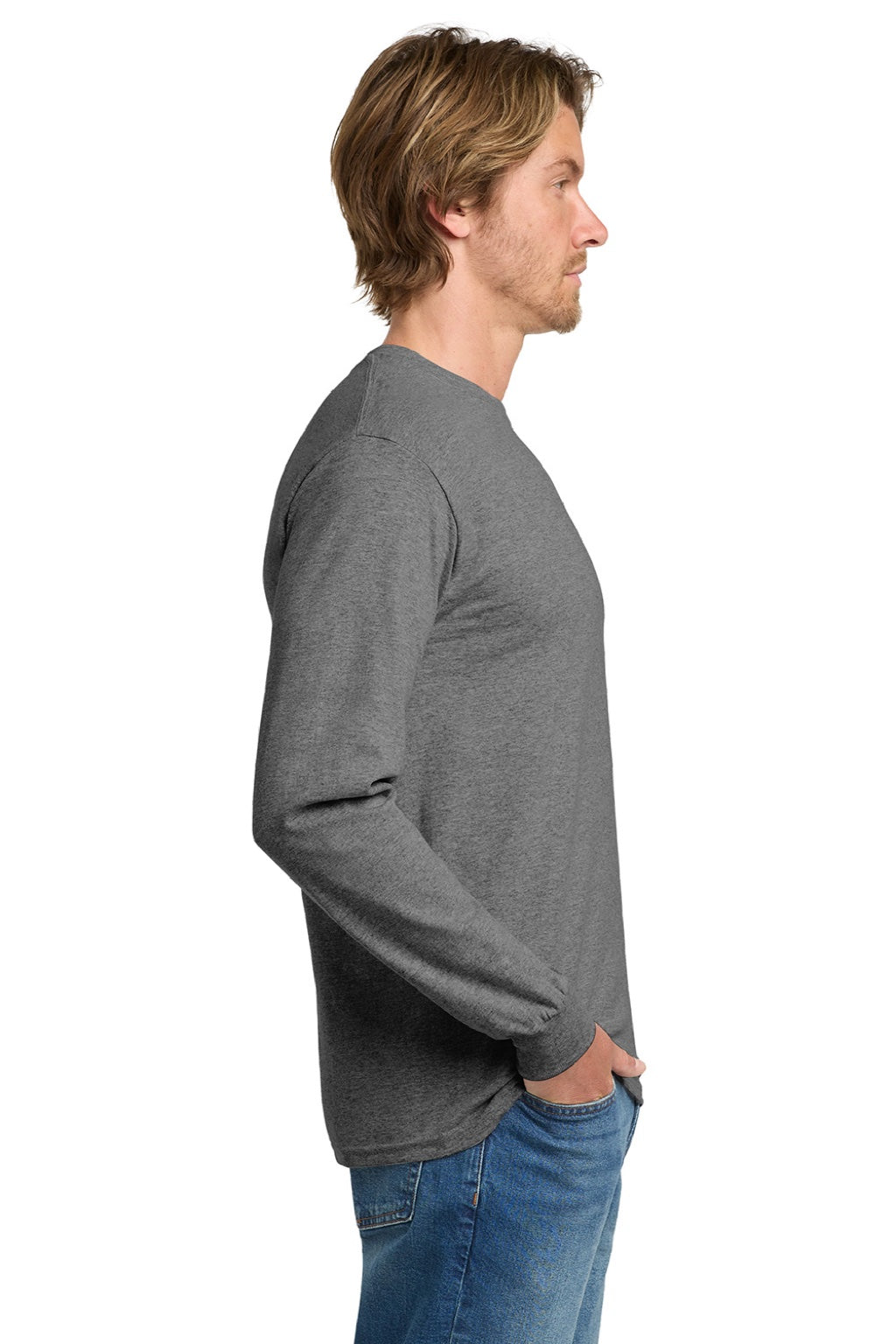 Gildan 5400 Mens Long Sleeve Crewneck T-Shirt Heather Graphite Grey Model Side