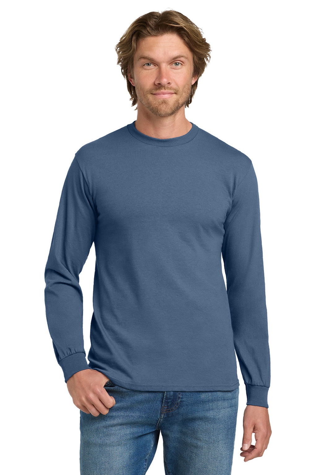 Gildan 5400 Mens Long Sleeve Crewneck T-Shirt Indigo Blue Model Front