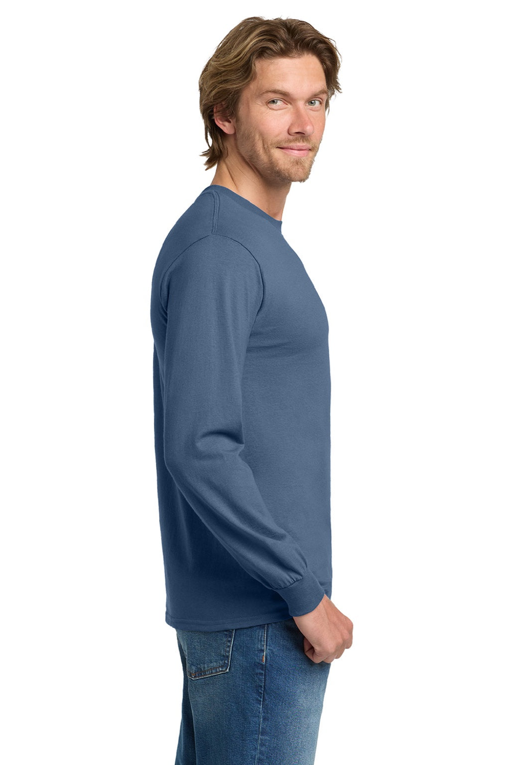 Gildan 5400 Mens Long Sleeve Crewneck T-Shirt Indigo Blue Model Side