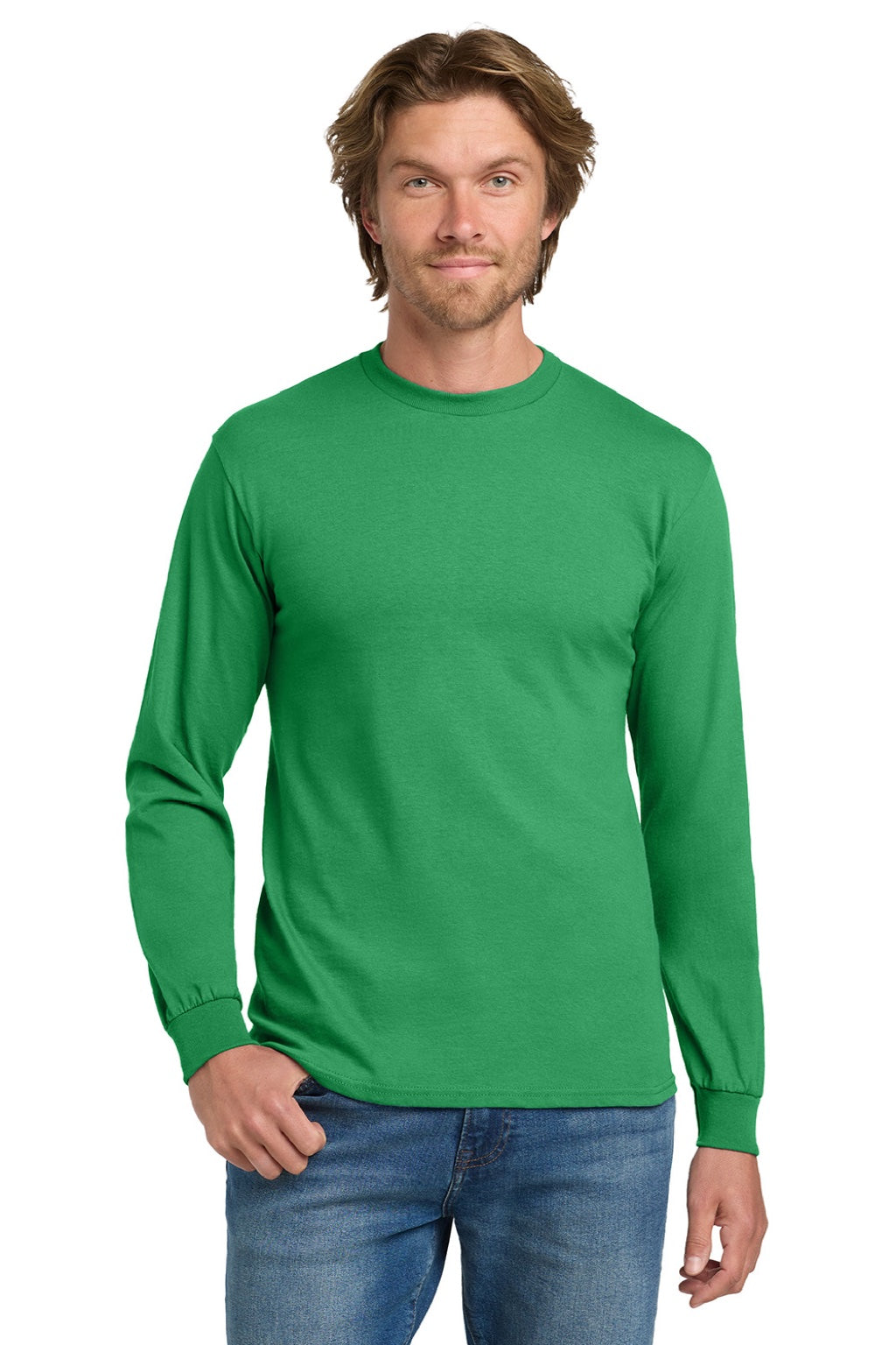 Gildan 5400 Mens Long Sleeve Crewneck T-Shirt Irish Green Model Front