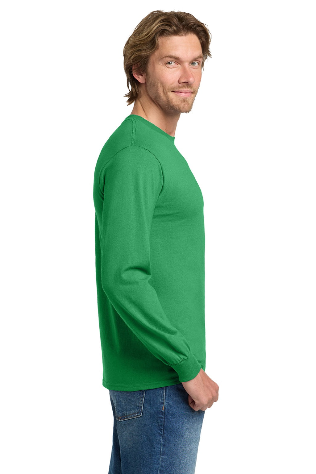 Gildan 5400 Mens Long Sleeve Crewneck T-Shirt Irish Green Model Side