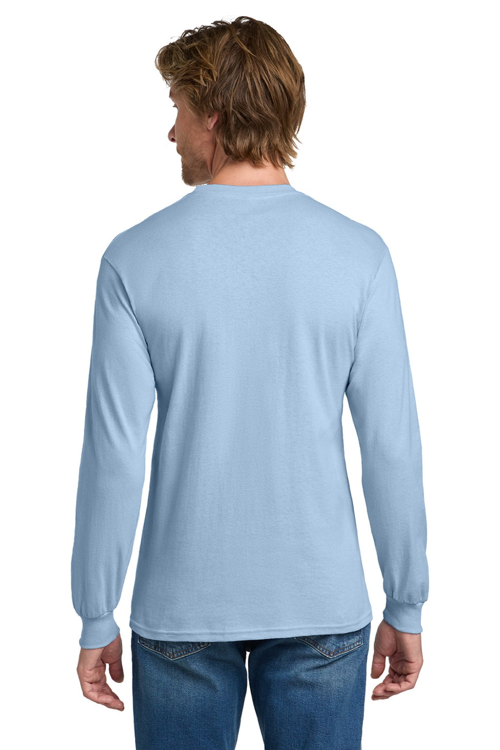 Gildan 5400 Mens Long Sleeve Crewneck T-Shirt Light Blue Model Back
