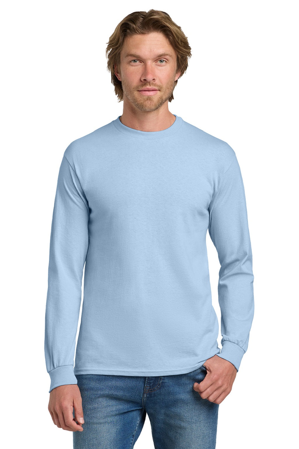 Gildan 5400 Mens Long Sleeve Crewneck T-Shirt Light Blue Model Front