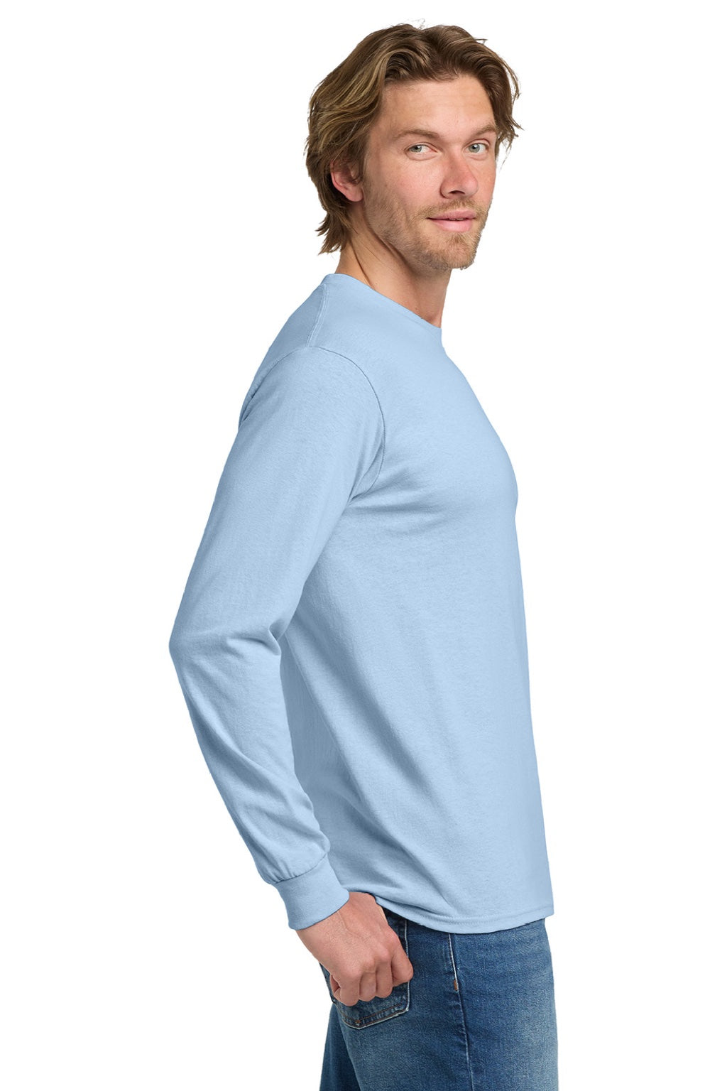 Gildan 5400 Mens Long Sleeve Crewneck T-Shirt Light Blue Model Side
