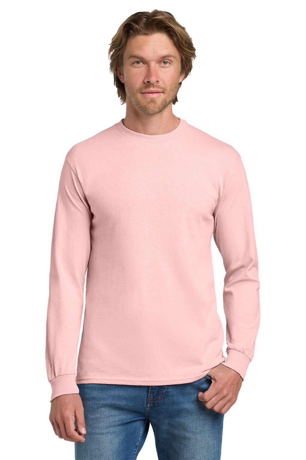 Gildan 5400 Mens Long Sleeve Crewneck T-Shirt Light Pink Model Front