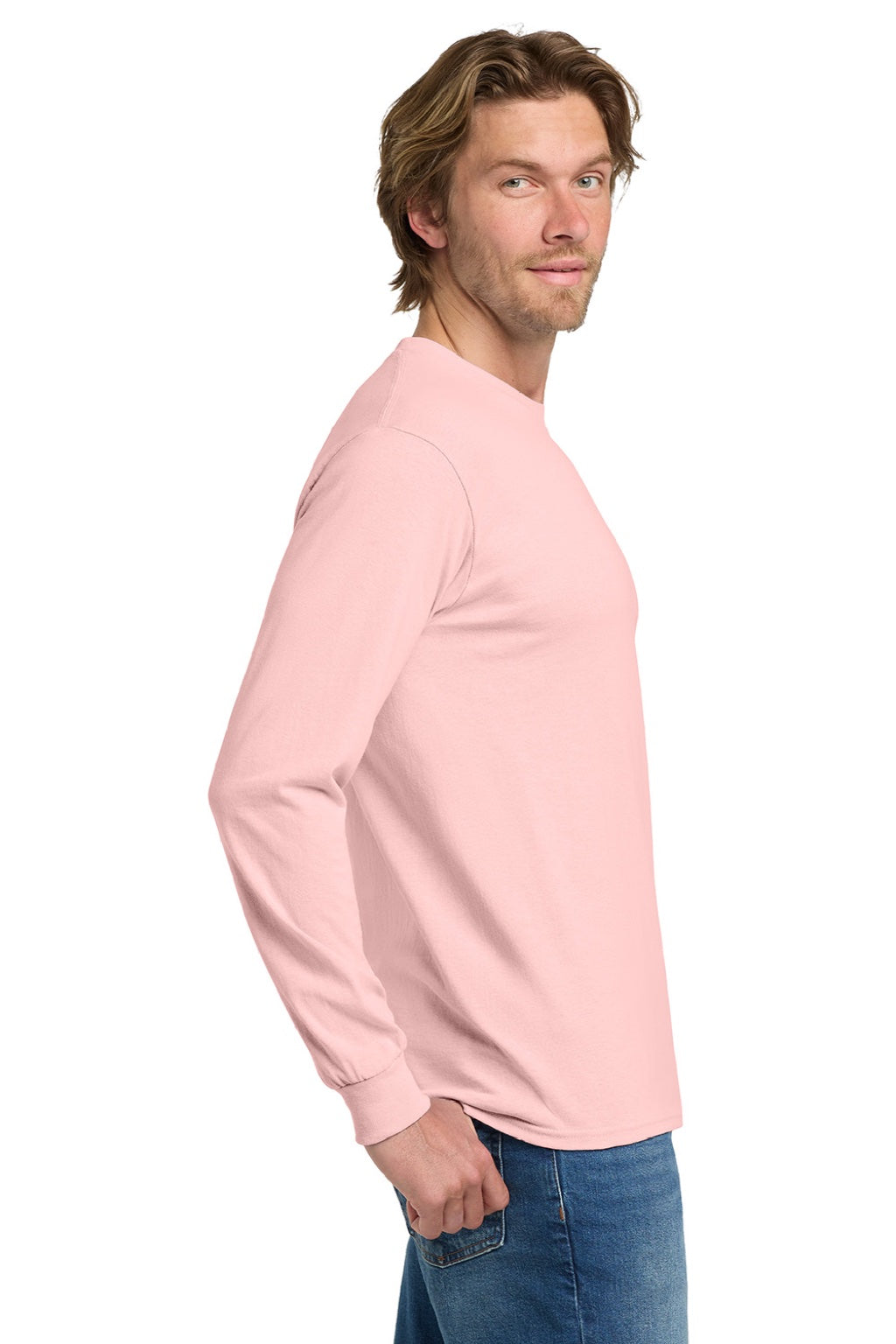 Gildan 5400 Mens Long Sleeve Crewneck T-Shirt Light Pink Model Side