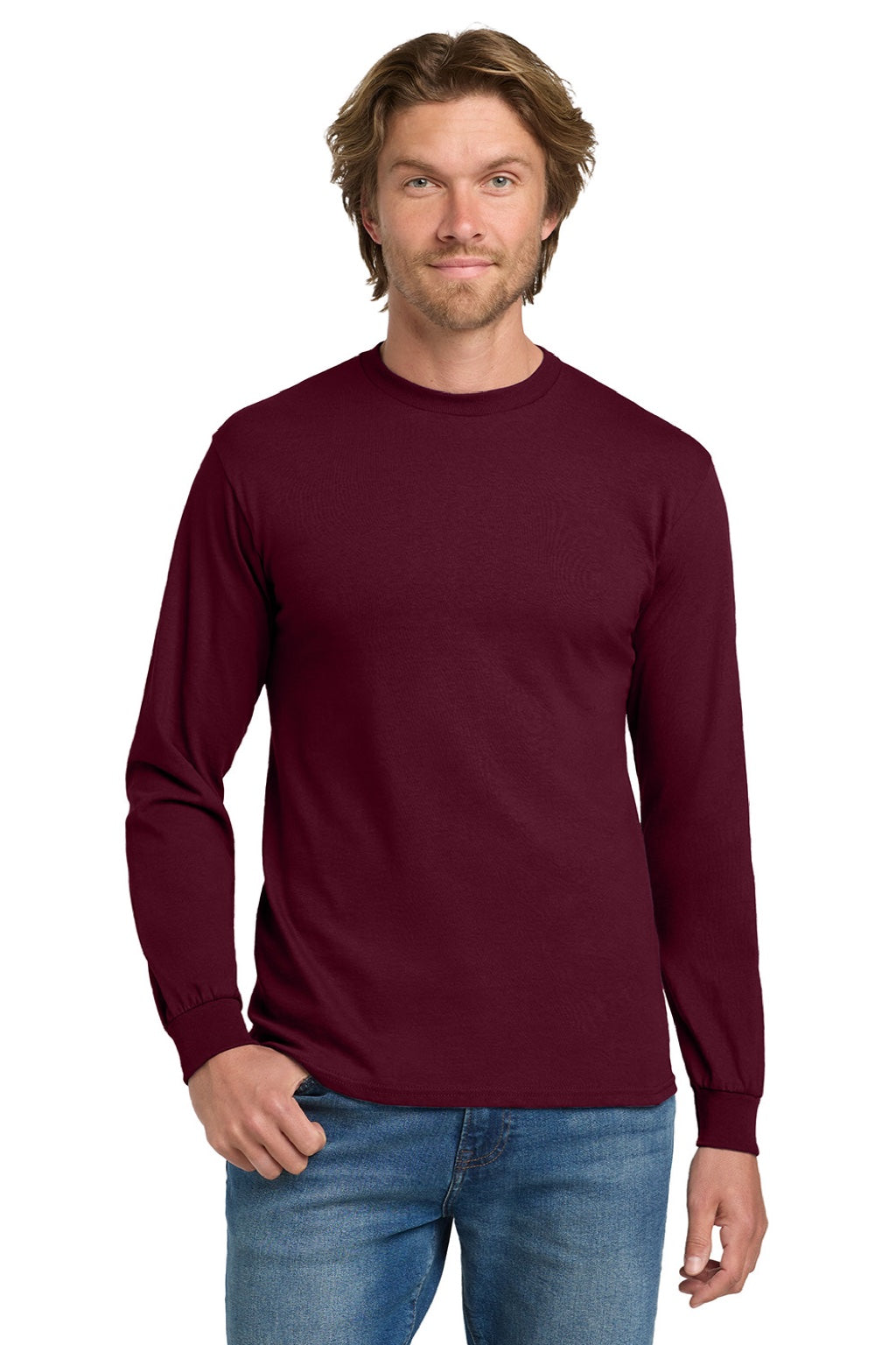 Gildan 5400 Mens Long Sleeve Crewneck T-Shirt Maroon Model Front