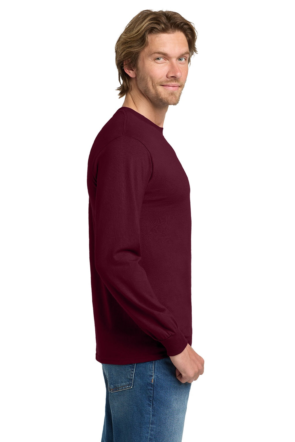 Gildan 5400 Mens Long Sleeve Crewneck T-Shirt Maroon Model Side