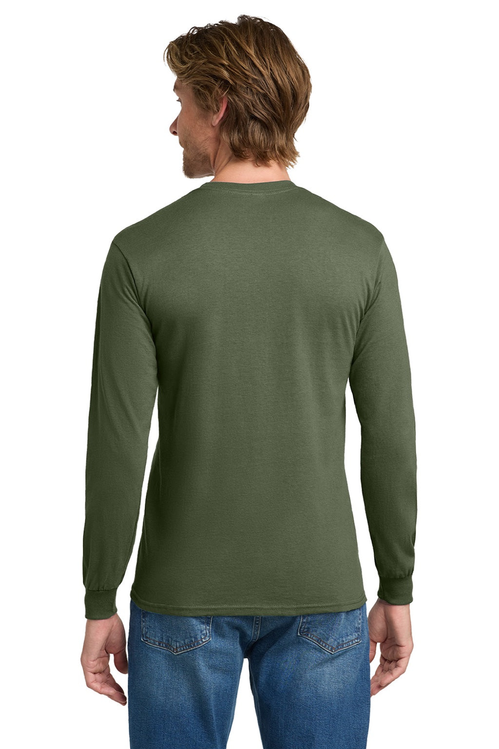 Gildan 5400 Mens Long Sleeve Crewneck T-Shirt Military Green Model Back