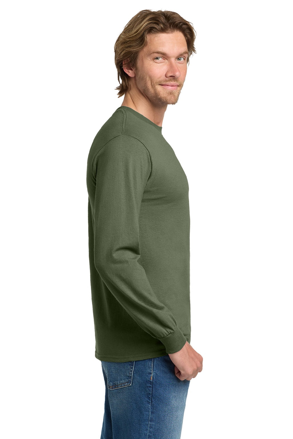Gildan 5400 Mens Long Sleeve Crewneck T-Shirt Military Green Model Side
