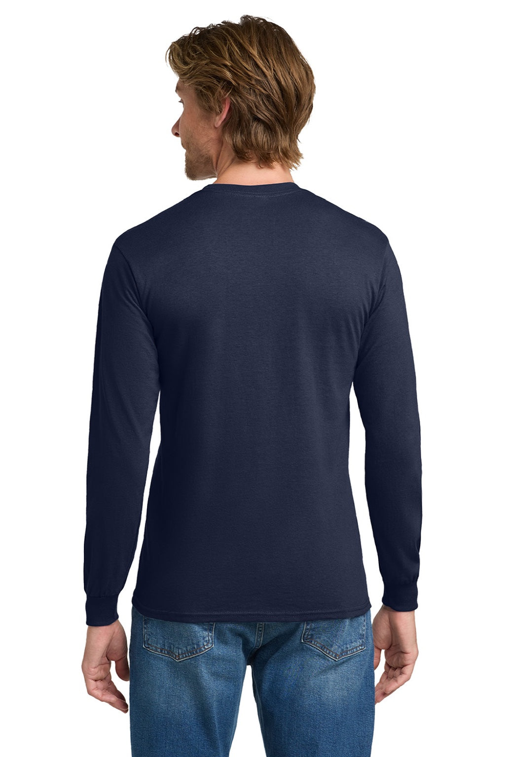 Gildan 5400 Mens Long Sleeve Crewneck T-Shirt Navy Blue Model Back