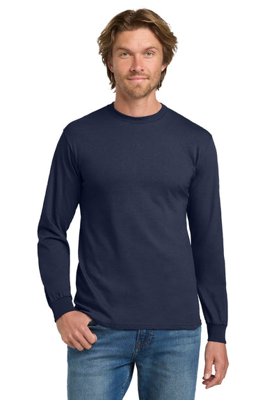 Gildan 5400 Mens Long Sleeve Crewneck T-Shirt Navy Blue Model Front