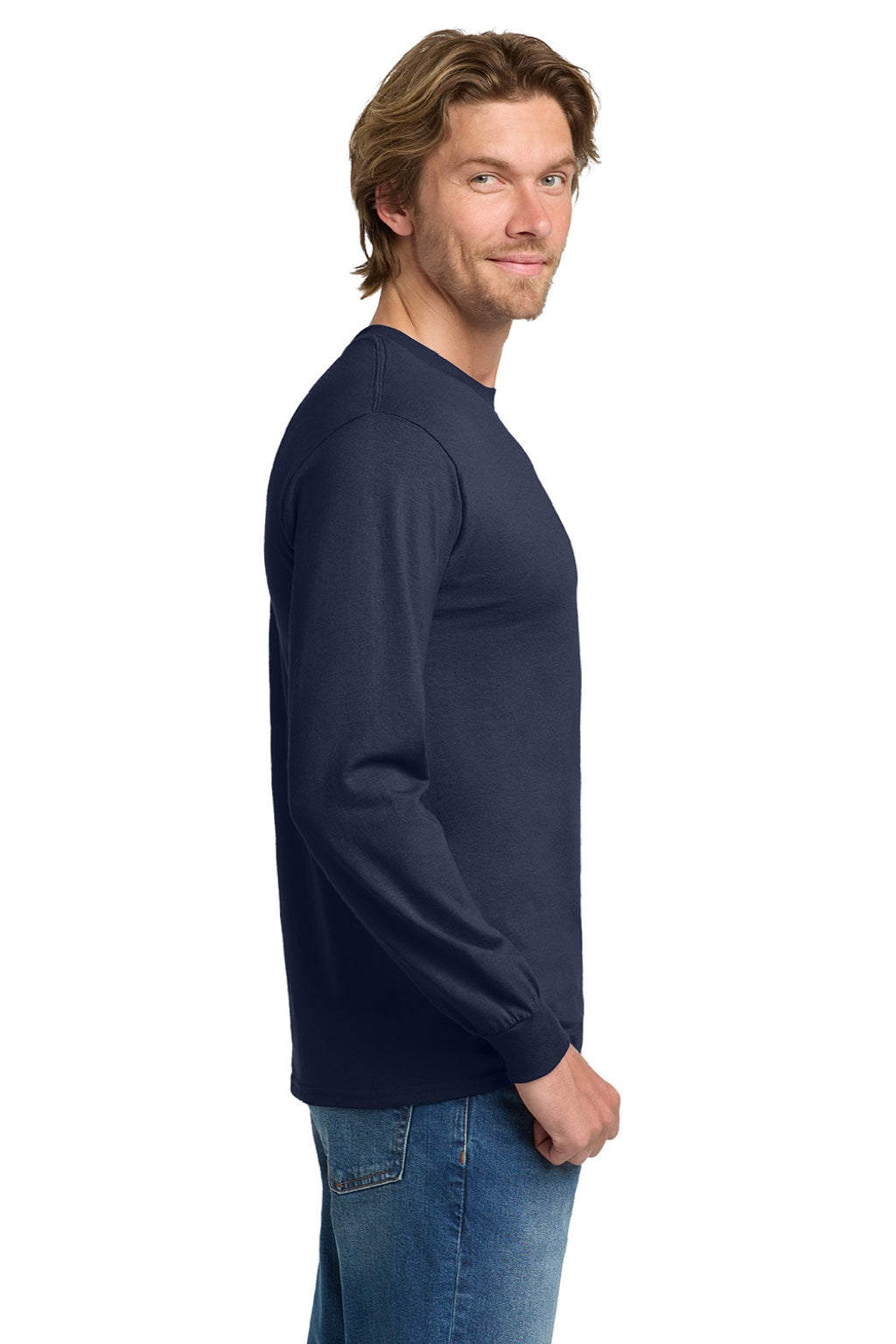 Gildan 5400 Mens Long Sleeve Crewneck T-Shirt Navy Blue Model Side