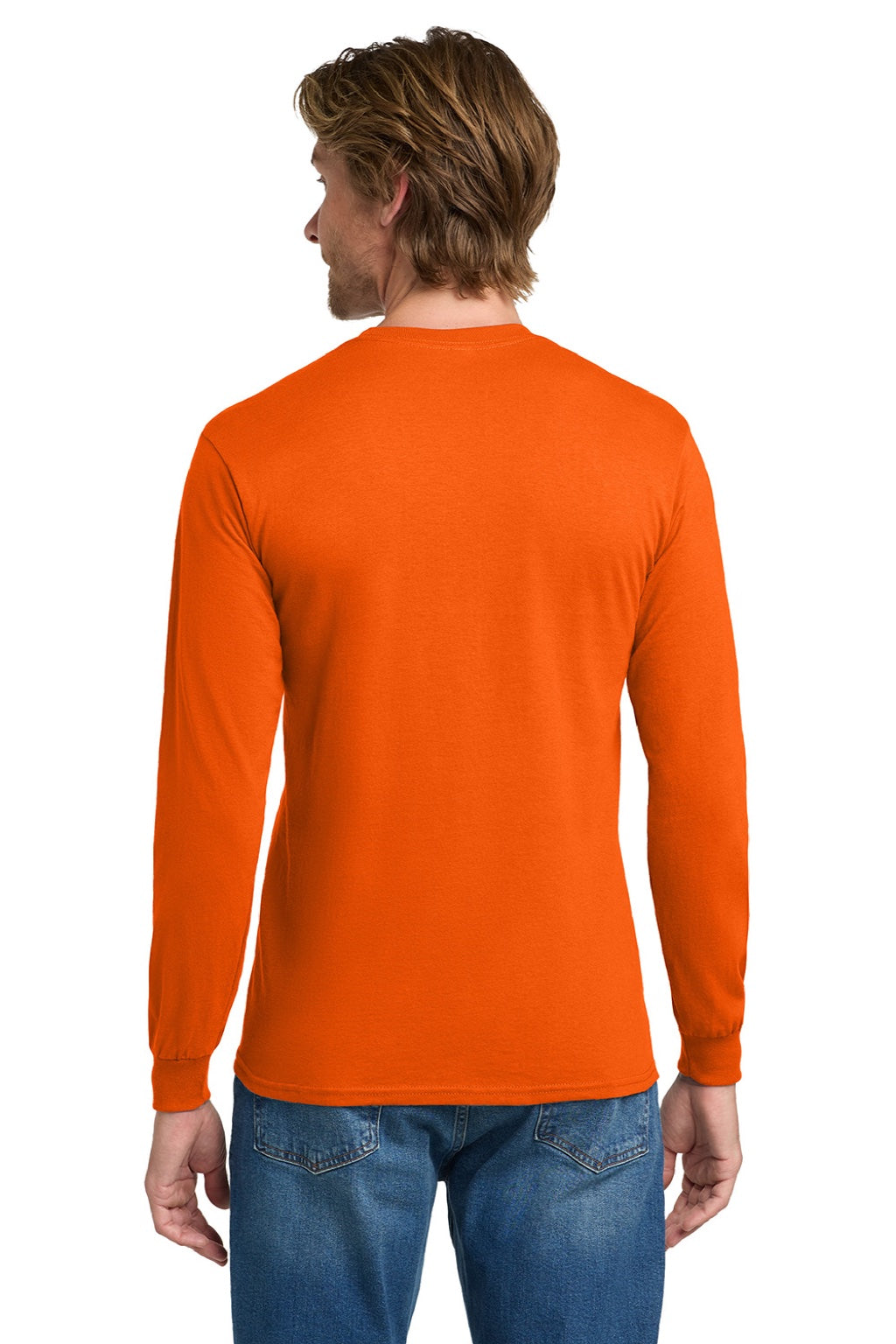 Gildan 5400 Mens Long Sleeve Crewneck T-Shirt Orange Model Back