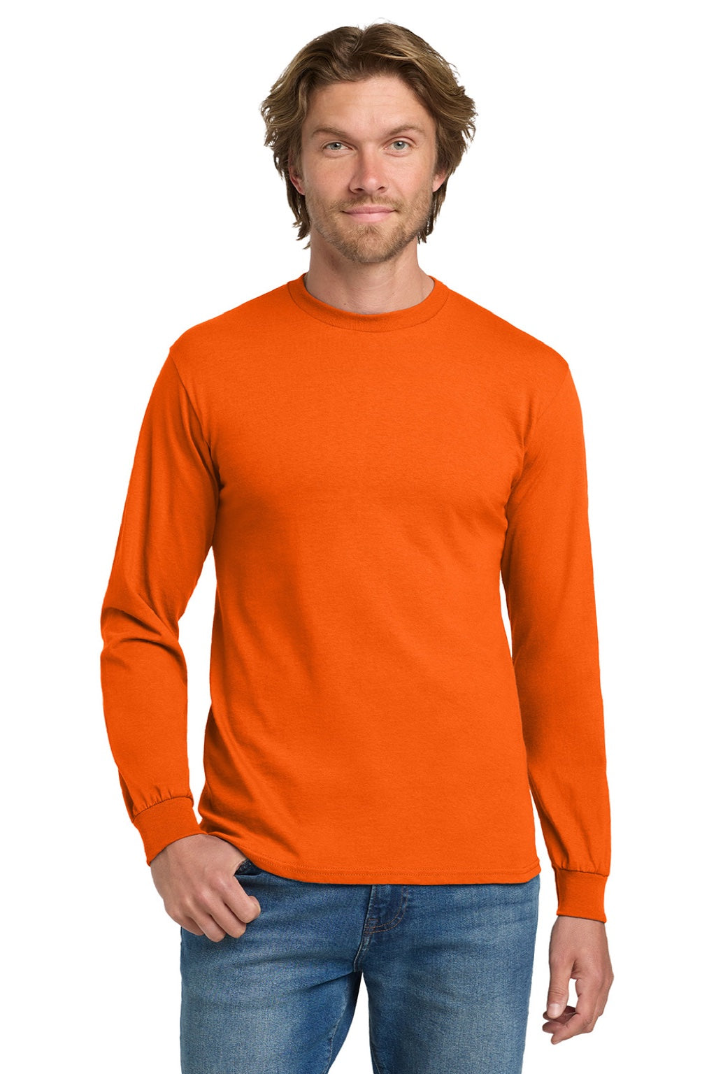 Gildan 5400 Mens Long Sleeve Crewneck T-Shirt Orange Model Front