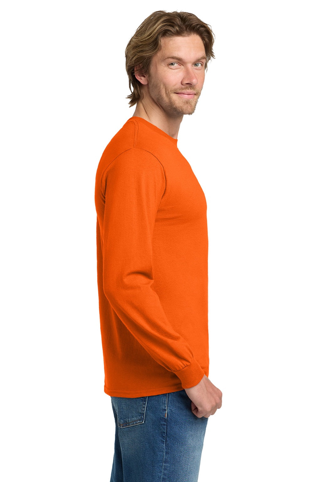 Gildan 5400 Mens Long Sleeve Crewneck T-Shirt Orange Model Side