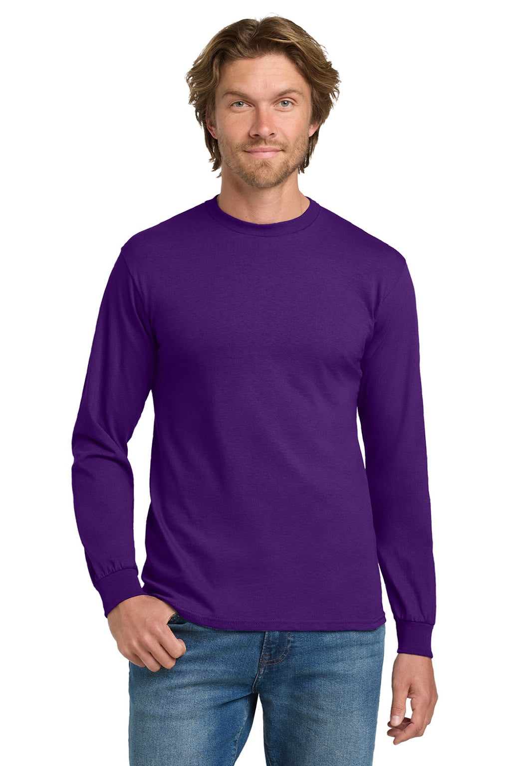 Gildan 5400 Mens Long Sleeve Crewneck T-Shirt Purple Model Front