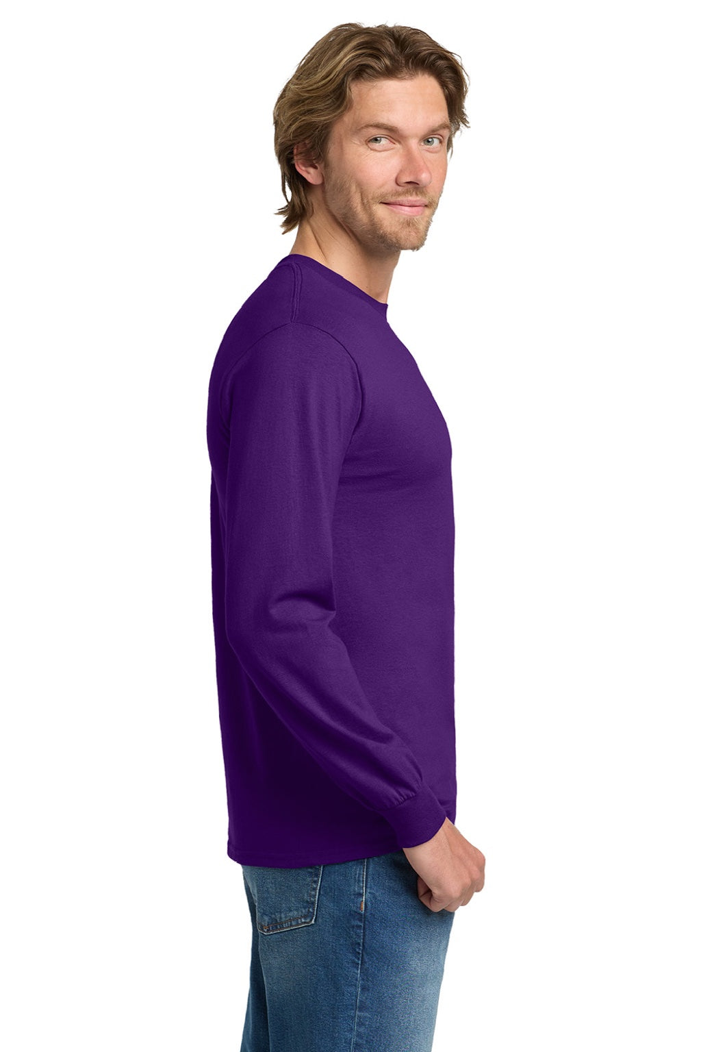 Gildan 5400 Mens Long Sleeve Crewneck T-Shirt Purple Model Side