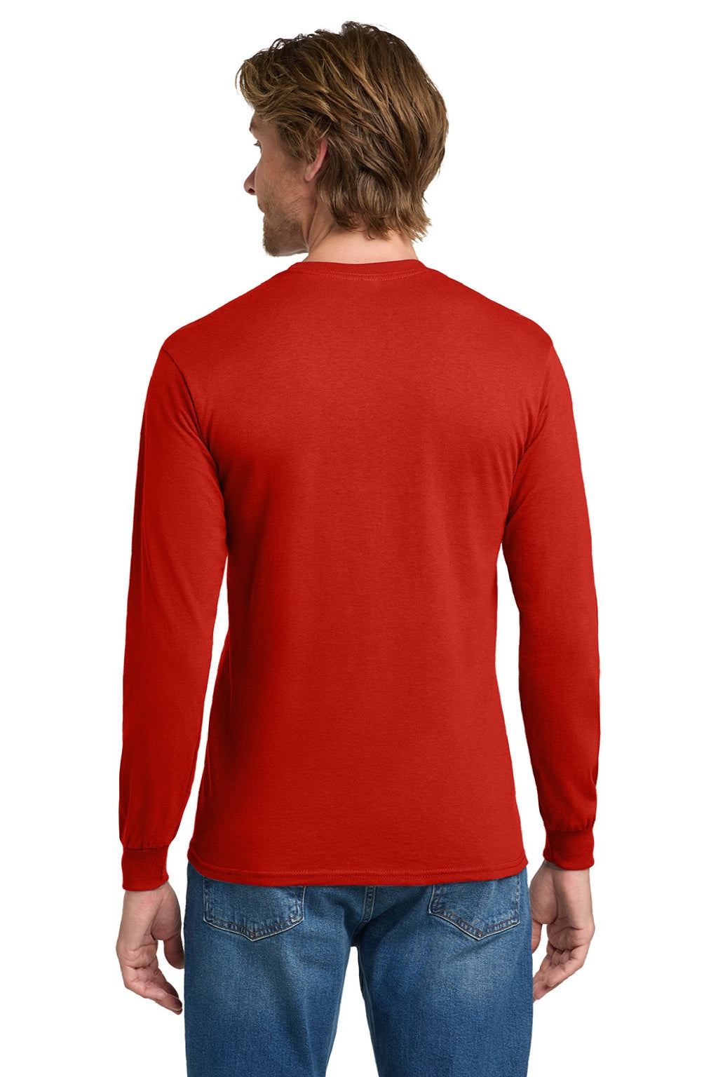 Gildan 5400 Mens Long Sleeve Crewneck T-Shirt Red Model Back