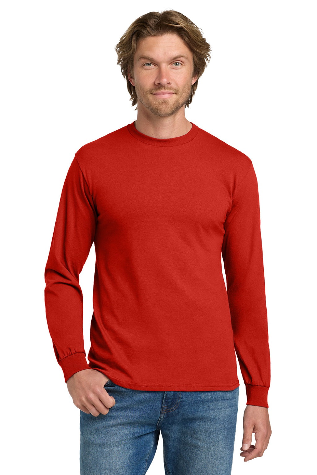 Gildan 5400 Mens Long Sleeve Crewneck T-Shirt Red Model Front