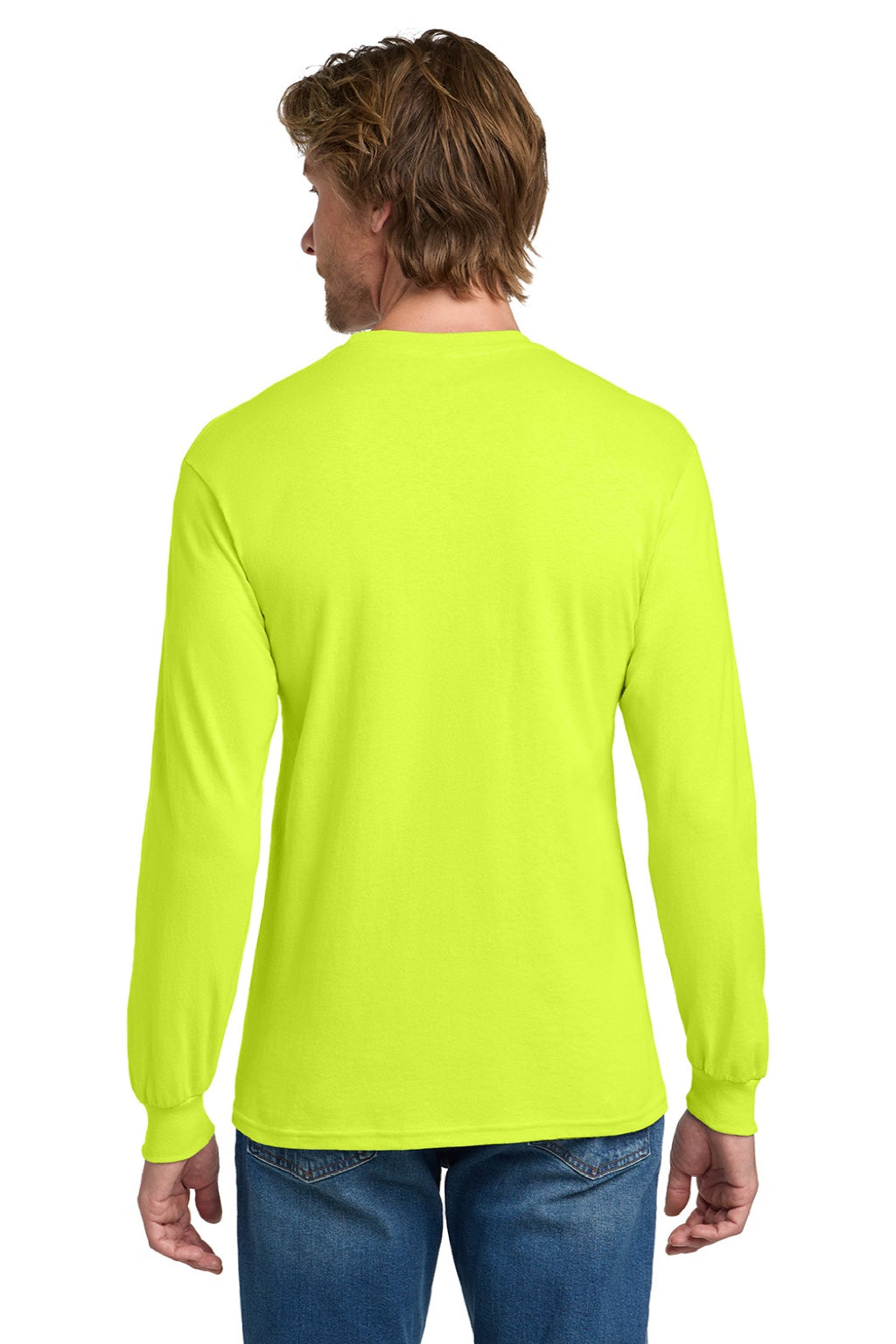 Gildan 5400 Mens Long Sleeve Crewneck T-Shirt Safety Green Model Back