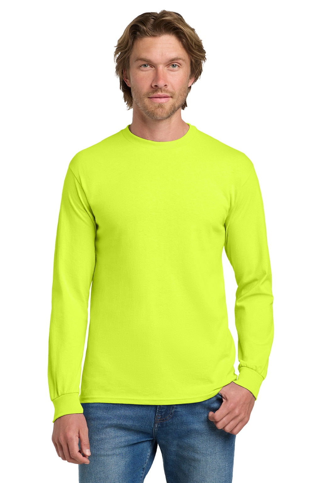 Gildan 5400 Mens Long Sleeve Crewneck T-Shirt Safety Green Model Front