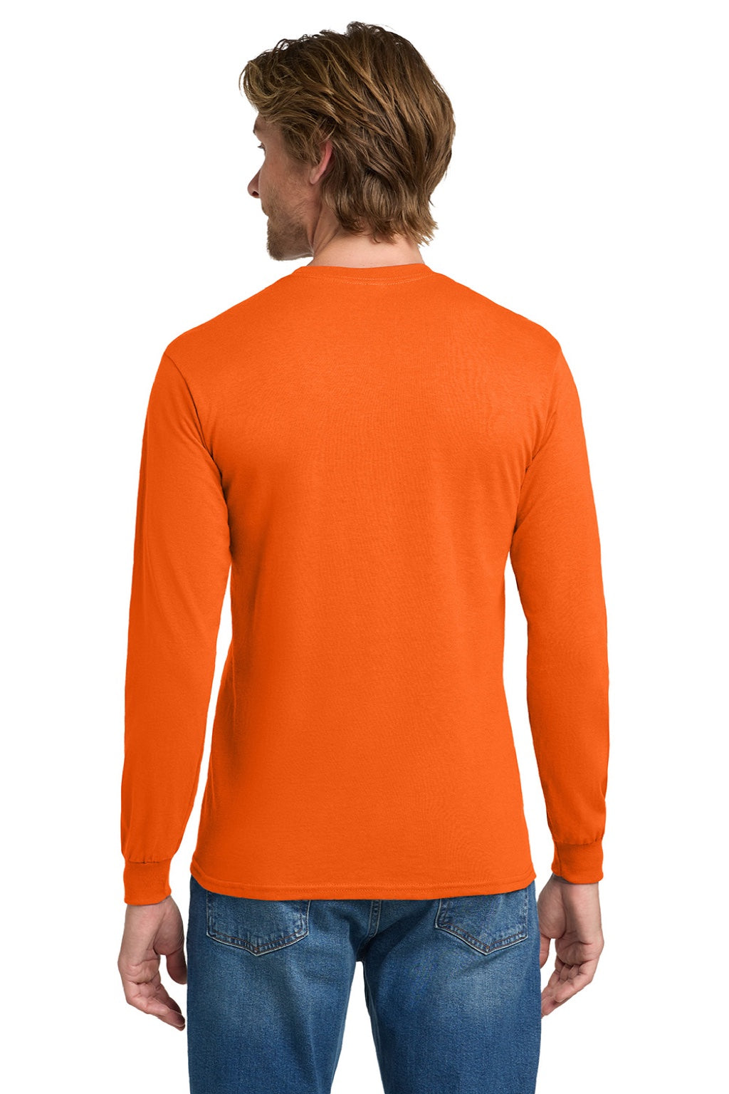 Gildan 5400 Mens Long Sleeve Crewneck T-Shirt Safety Orange Model Back