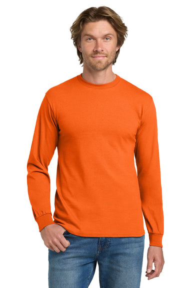 Gildan 5400 Mens Long Sleeve Crewneck T-Shirt Safety Orange Model Front