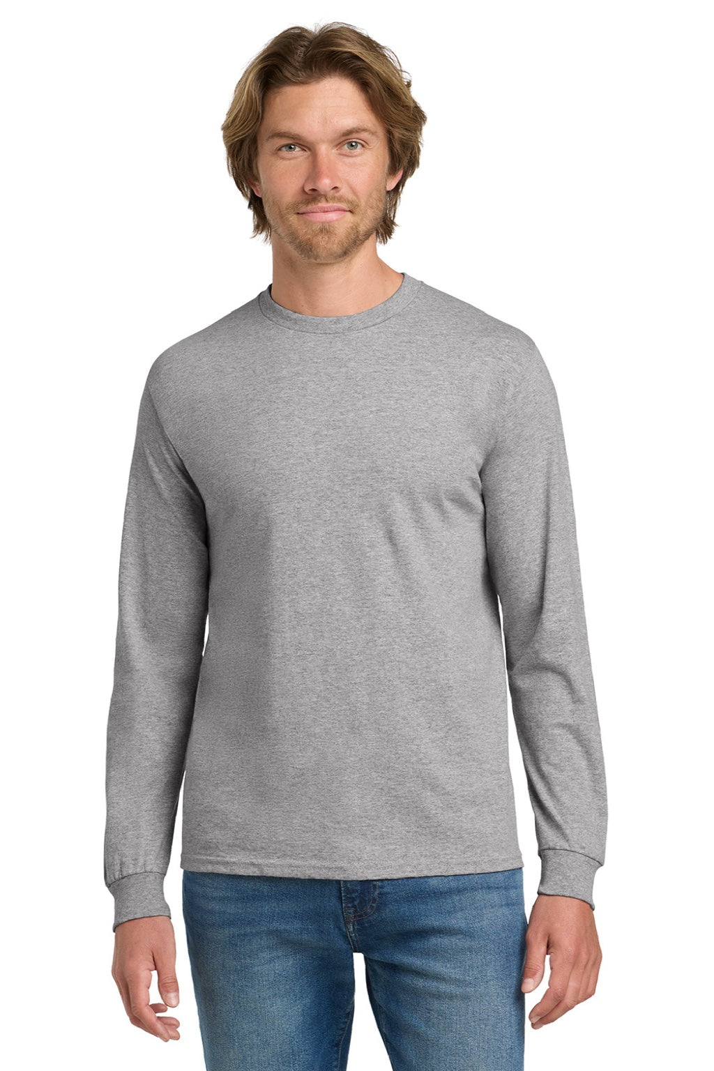 Gildan 5400 Mens Long Sleeve Crewneck T-Shirt Sport Grey Model Front
