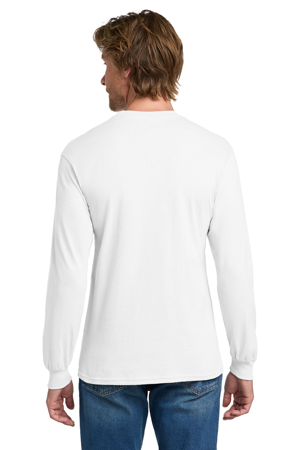 Gildan 5400 Mens Long Sleeve Crewneck T-Shirt White Model Back