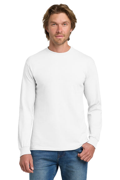 Gildan 5400 Mens Long Sleeve Crewneck T-Shirt White Model Front