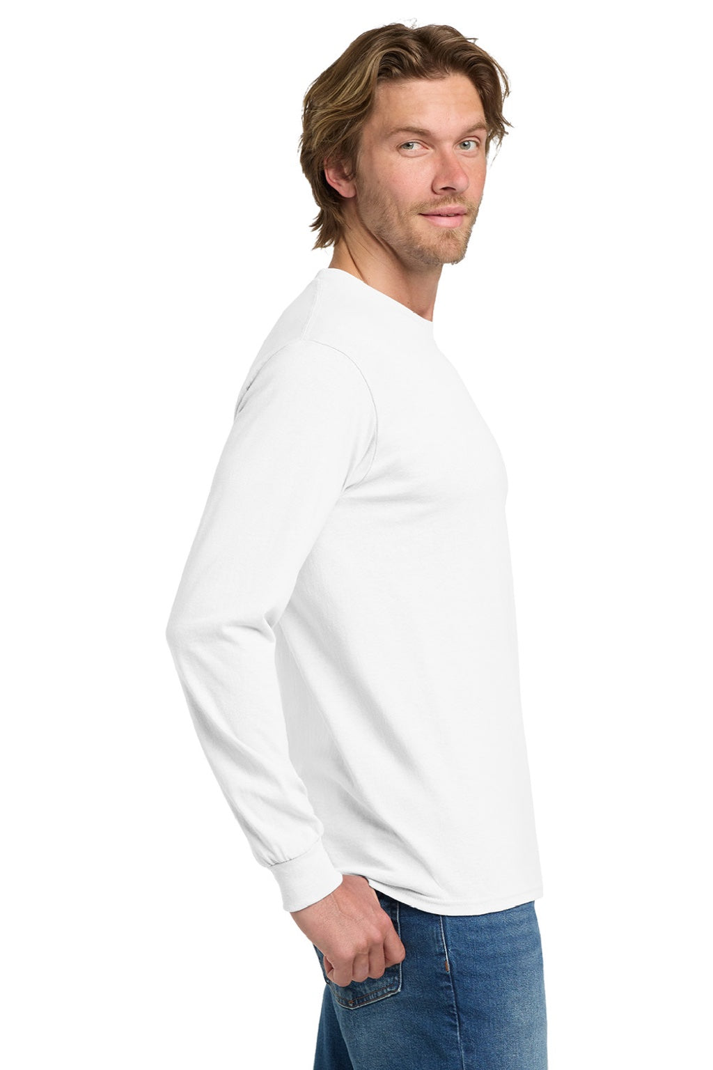 Gildan 5400 Mens Long Sleeve Crewneck T-Shirt White Model Side