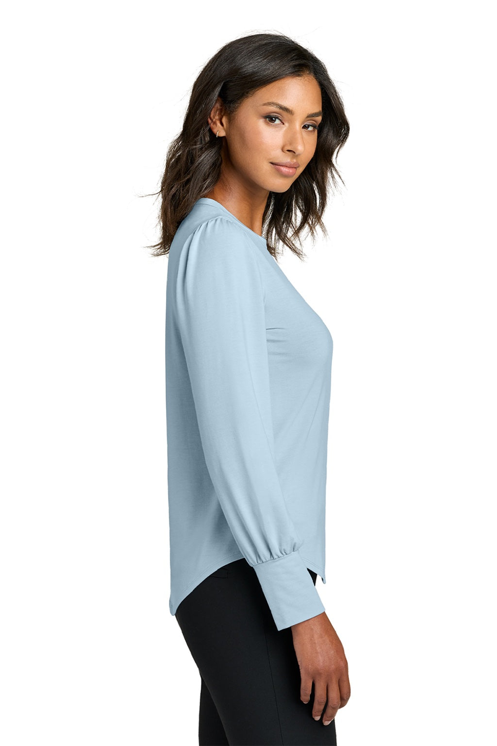 Mercer+Mettle MM1019 Womens Moisture Wicking Stretch Jersey Long Sleeve Blouson Top Celestial Blue Model Side