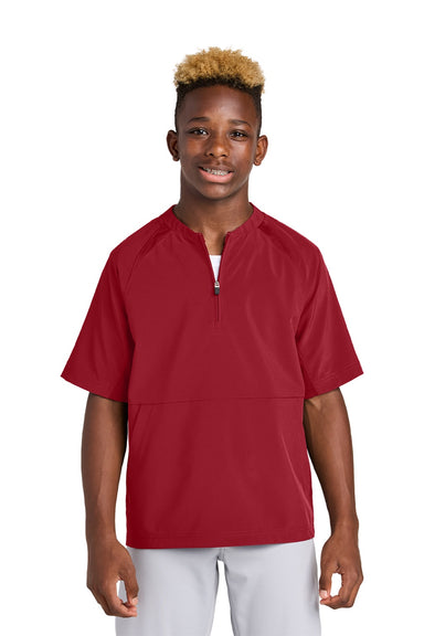 Sport-Tek YJST489 Youth Repeat Moisture Wicking 1/4 Zip Short Sleeve Jacket Deep Red Model Front