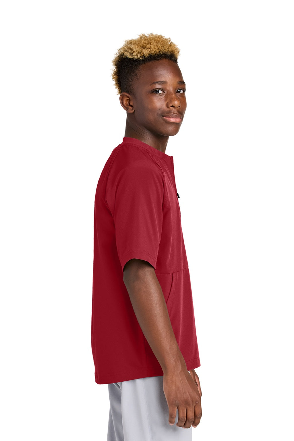 Sport-Tek YJST489 Youth Repeat Moisture Wicking 1/4 Zip Short Sleeve Jacket Deep Red Model Side