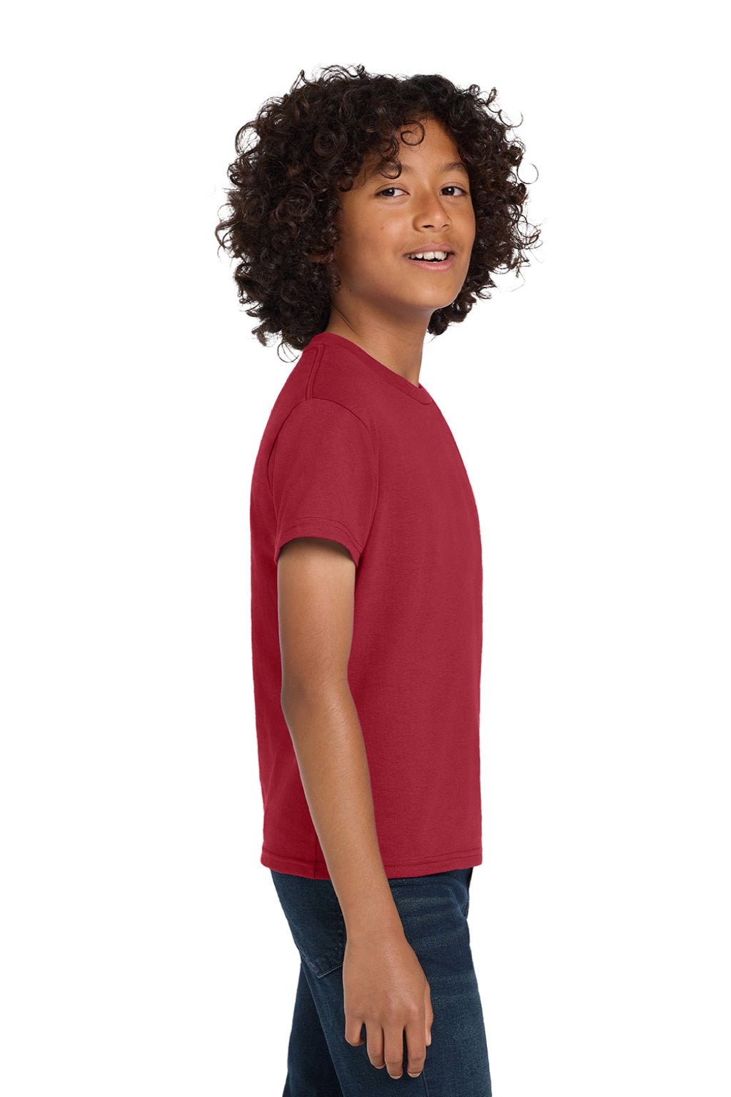 Hanes 5450 Youth Authentic Short Sleeve Crewneck T-Shirt Deep Red Model Side