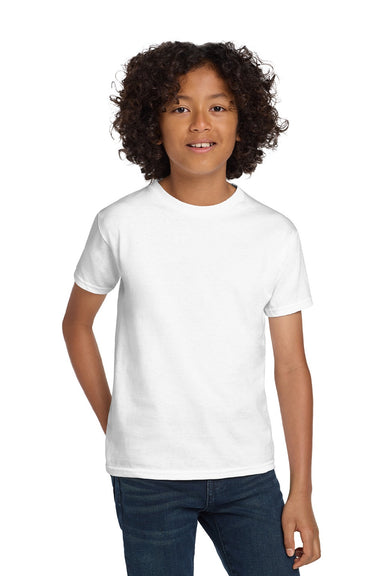 Hanes 5450 Youth Authentic Short Sleeve Crewneck T-Shirt White Model Front