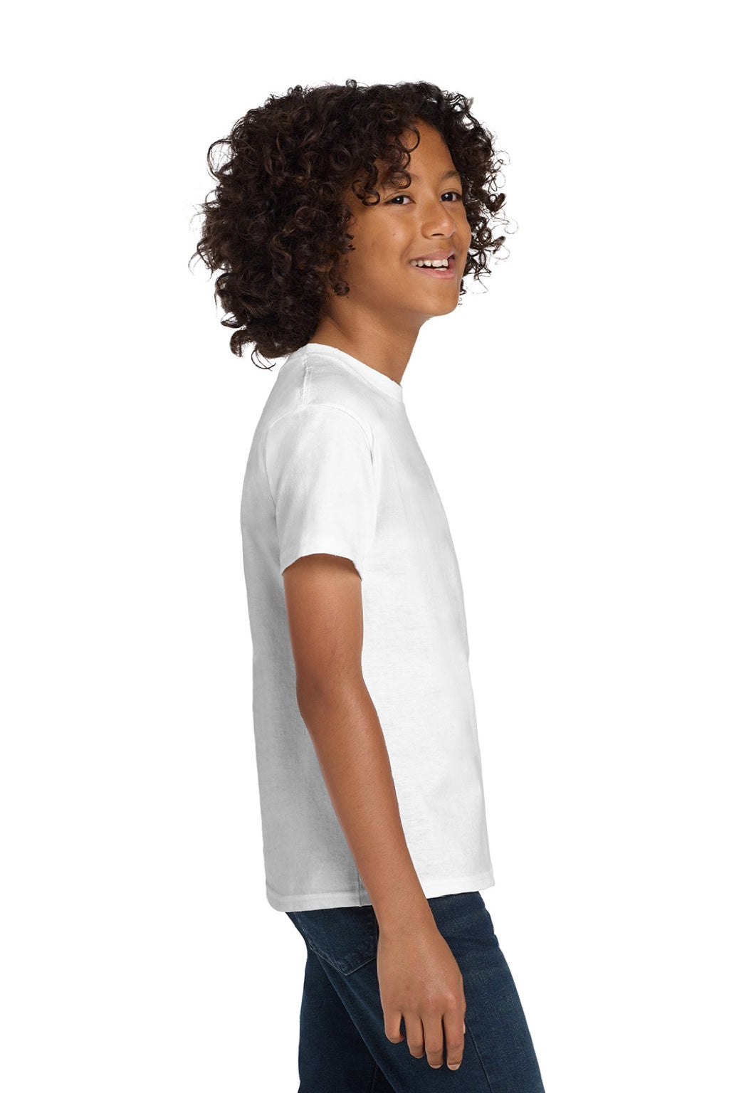 Hanes 5450 Youth Authentic Short Sleeve Crewneck T-Shirt White Model Side