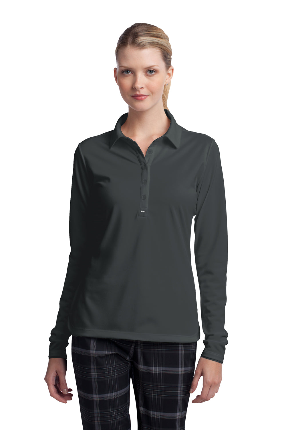 Nike 545322 Womens Stretch Tech Dri-Fit Moisture Wicking Long Sleeve Polo Shirt Anthracite Grey Model Front