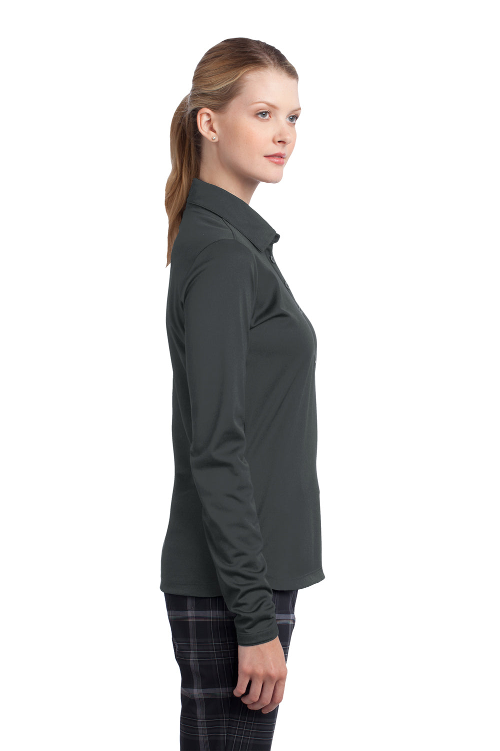 Nike 545322 Womens Stretch Tech Dri-Fit Moisture Wicking Long Sleeve Polo Shirt Anthracite Grey Model Side
