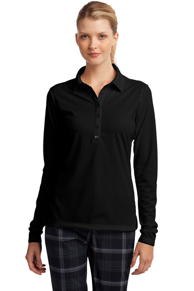 Nike 545322 Womens Stretch Tech Dri-Fit Moisture Wicking Long Sleeve Polo Shirt Black Model Front