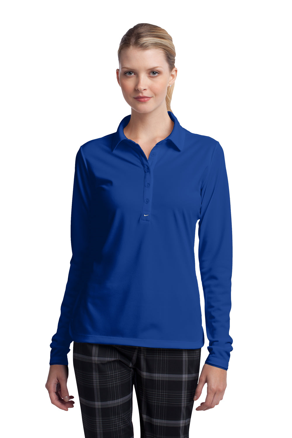 Nike 545322 Womens Stretch Tech Dri-Fit Moisture Wicking Long Sleeve Polo Shirt Sapphire Blue Model Front