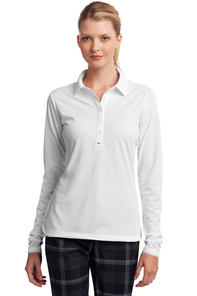 Nike 545322 Womens Stretch Tech Dri-Fit Moisture Wicking Long Sleeve Polo Shirt White Model Front