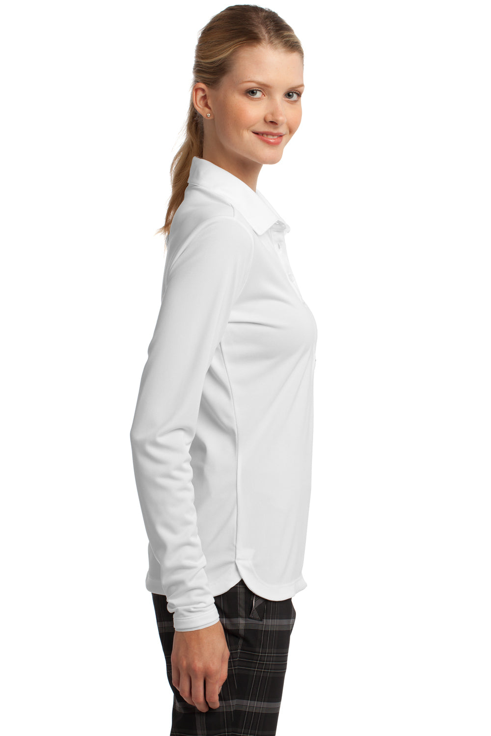 Nike 545322 Womens Stretch Tech Dri-Fit Moisture Wicking Long Sleeve Polo Shirt White Model Side