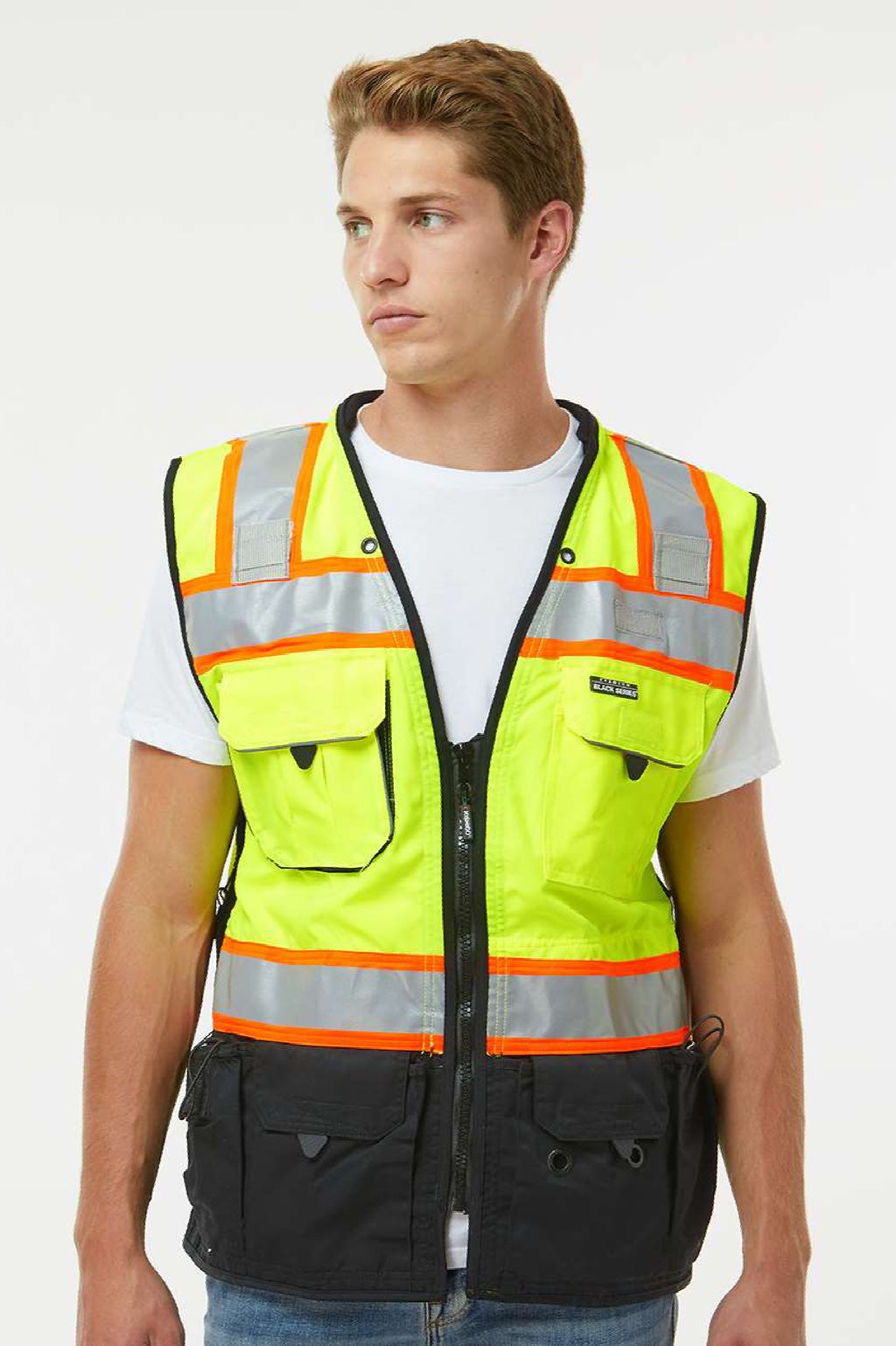 Kishigo S5002-5003 Unisex Premium Black Series Surveyors Vest Lime Green Model Front